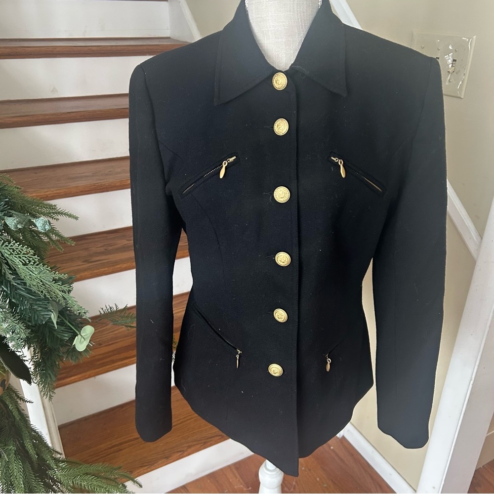 VTG NY Sake Black Wool Military Style Jacket Gold Buttons Sz6 Structured Classic